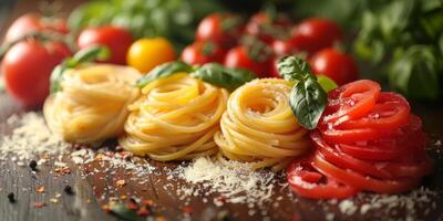 AI Generated Classic Pasta on kitchen background. Diet and food concept. photo