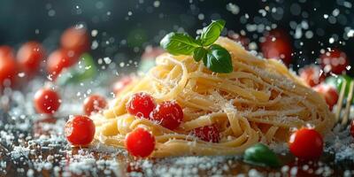 AI Generated Classic Pasta on kitchen background. Diet and food concept. photo