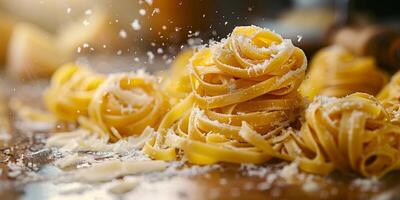 AI Generated Classic Pasta on kitchen background. Diet and food concept. photo