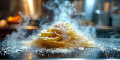 AI Generated Classic Pasta on kitchen background. Diet and food concept. photo