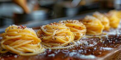 AI Generated Classic Pasta on kitchen background. Diet and food concept. photo