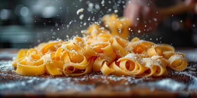 AI Generated Classic Pasta on kitchen background. Diet and food concept. photo