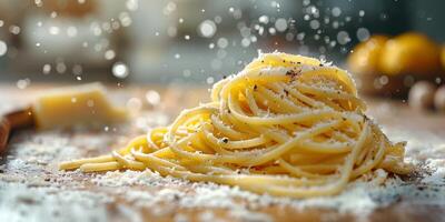 AI Generated Classic Pasta on kitchen background. Diet and food concept. photo