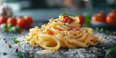 AI Generated Classic Pasta on kitchen background. Diet and food concept. photo