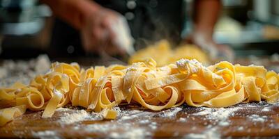 AI Generated Classic Pasta on kitchen background. Diet and food concept. photo