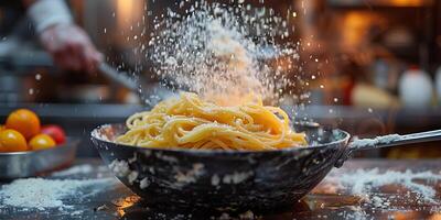 ai generado clásico pasta en cocina antecedentes. dieta y comida concepto. foto