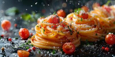 AI Generated Classic Pasta on kitchen background. Diet and food concept. photo