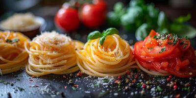 AI Generated Classic Pasta on kitchen background. Diet and food concept. photo