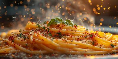 AI Generated Classic Pasta on kitchen background. Diet and food concept. photo