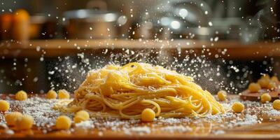 AI Generated Classic Pasta on kitchen background. Diet and food concept. photo