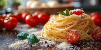 AI Generated Classic Pasta on kitchen background. Diet and food concept. photo