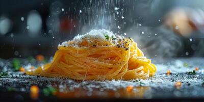 AI Generated Classic Pasta on kitchen background. Diet and food concept. photo