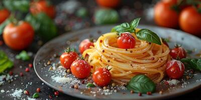 AI Generated Classic Pasta on kitchen background. Diet and food concept. photo