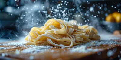 AI Generated Classic Pasta on kitchen background. Diet and food concept. photo