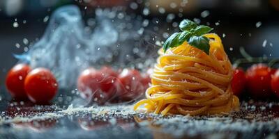 ai generado clásico pasta en cocina antecedentes. dieta y comida concepto. foto