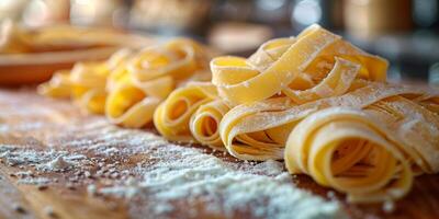 AI Generated Classic Pasta on kitchen background. Diet and food concept. photo