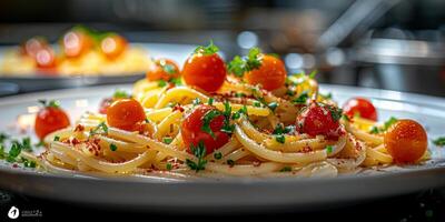 AI Generated Classic Pasta on kitchen background. Diet and food concept. photo