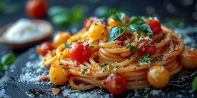 AI Generated Classic Pasta on kitchen background. Diet and food concept. photo