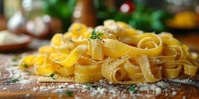 AI Generated Classic Pasta on kitchen background. Diet and food concept. photo