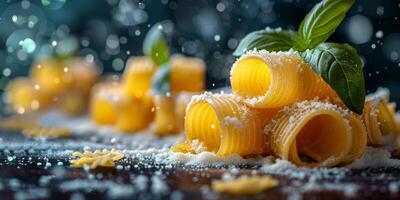 AI Generated Classic Pasta on kitchen background. Diet and food concept. photo