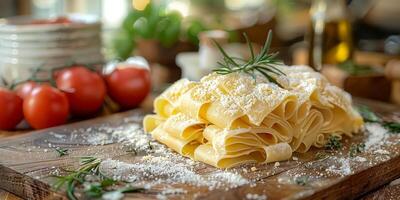 AI Generated Classic Pasta on kitchen background. Diet and food concept. photo