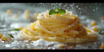 AI Generated Classic Pasta on kitchen background. Diet and food concept. photo