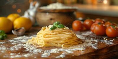 AI Generated Classic Pasta on kitchen background. Diet and food concept. photo