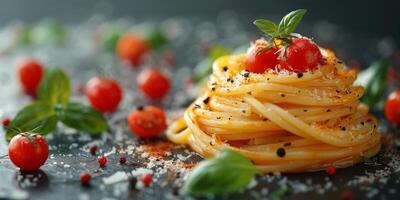 AI Generated Classic Pasta on kitchen background. Diet and food concept. photo