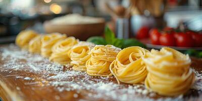 AI Generated Classic Pasta on kitchen background. Diet and food concept. photo