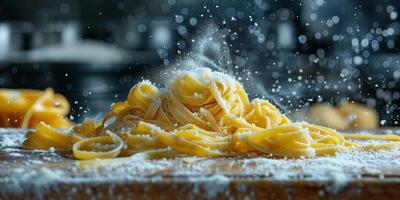 AI Generated Classic Pasta on kitchen background. Diet and food concept. photo