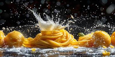 AI Generated Classic Pasta on kitchen background. Diet and food concept. photo