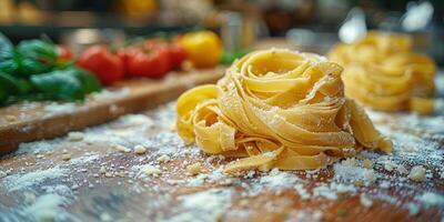 AI Generated Classic Pasta on kitchen background. Diet and food concept. photo