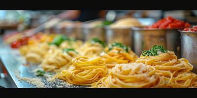 AI Generated Classic Pasta on kitchen background. Diet and food concept. photo