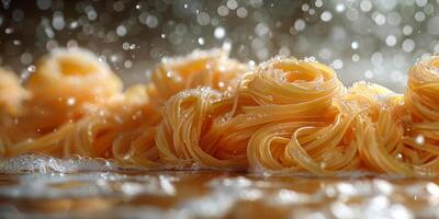 AI Generated Classic Pasta on kitchen background. Diet and food concept. photo