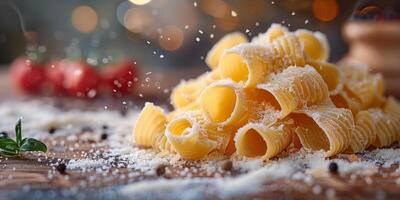 AI Generated Classic Pasta on kitchen background. Diet and food concept. photo