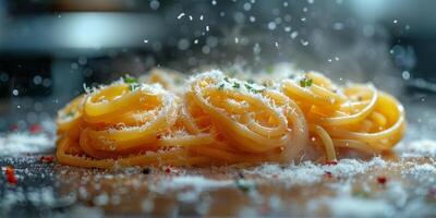 AI Generated Classic Pasta on kitchen background. Diet and food concept. photo