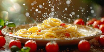 AI Generated Classic Pasta on kitchen background. Diet and food concept. photo