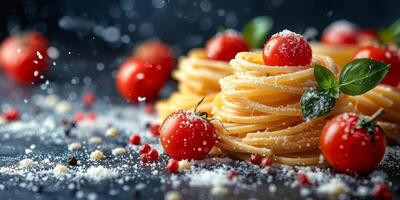 AI Generated Classic Pasta on kitchen background. Diet and food concept. photo