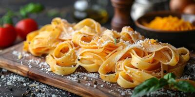 AI Generated Classic Pasta on kitchen background. Diet and food concept. photo