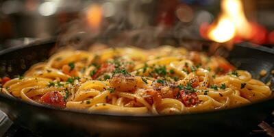 ai generado clásico pasta en cocina antecedentes. dieta y comida concepto. foto