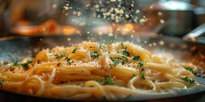AI Generated Classic Pasta on kitchen background. Diet and food concept. photo