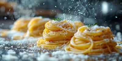 AI Generated Classic Pasta on kitchen background. Diet and food concept. photo