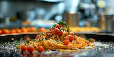 AI Generated Classic Pasta on kitchen background. Diet and food concept. photo