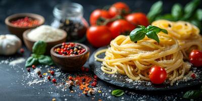 ai generado clásico pasta en cocina antecedentes. dieta y comida concepto. foto