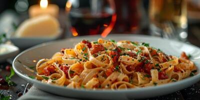 ai generado clásico pasta en cocina antecedentes. dieta y comida concepto. foto