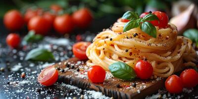 AI Generated Classic Pasta on kitchen background. Diet and food concept. photo