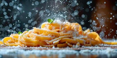 AI Generated Classic Pasta on kitchen background. Diet and food concept. photo