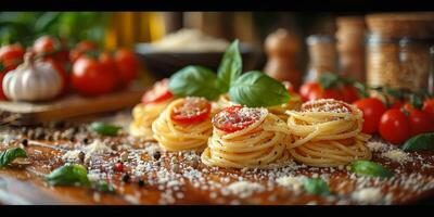 AI Generated Classic Pasta on kitchen background. Diet and food concept. photo