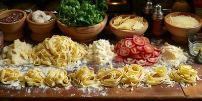 AI Generated Classic Pasta on kitchen background. Diet and food concept. photo