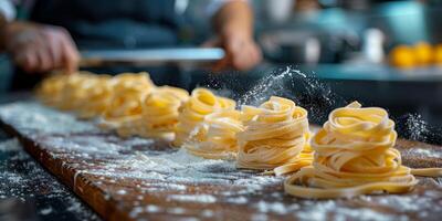 AI Generated Classic Pasta on kitchen background. Diet and food concept. photo